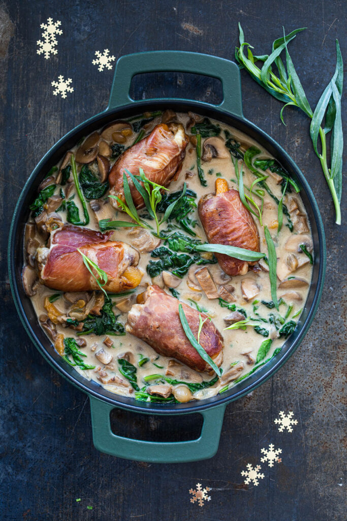 kip ballotine met parmaham en abrikoos