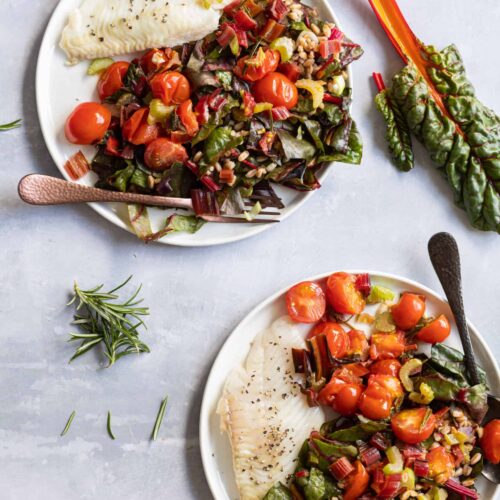 Grietfilet met spelt,snijbiet, tomaatjes en zware olijven