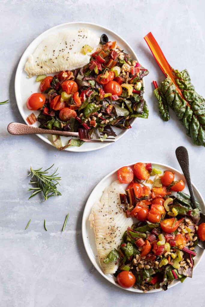 Grietfilet met spelt,snijbiet, tomaatjes en zware olijven