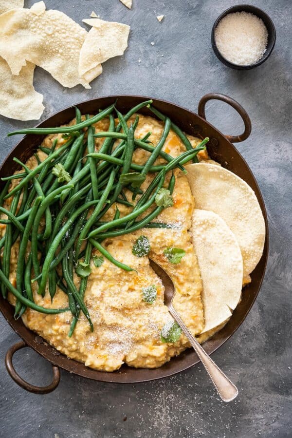 Vegan dahl van linzen en pompoen met haricots verts