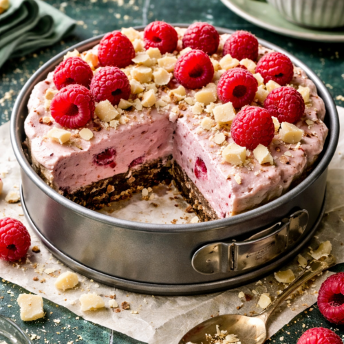 Chocolade frambozen ontbijt cheesecake